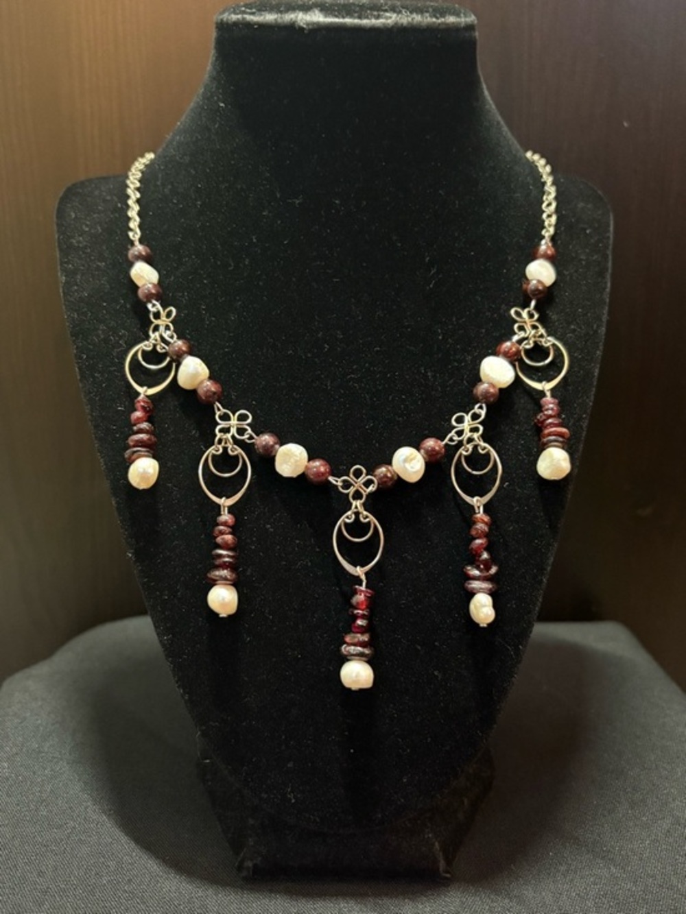 Handcrafted Sterling Silver Garnet & Pearl Dangle Necklace